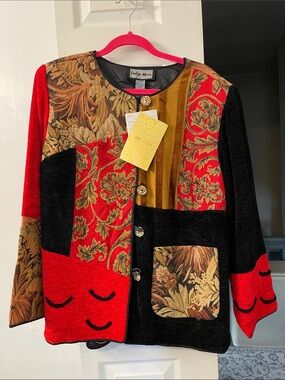 Indigo Moon Patchwork Velvet-Texture Jacket in Red, Black and Gold